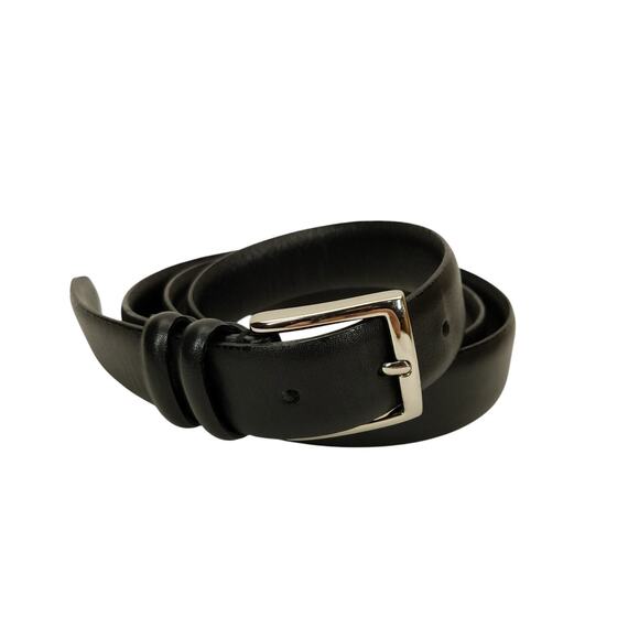 Mens Black Belt Size 42 Silver Tone Brass Buckle Milled Grain Leather 1" W - Picture 1 of 11